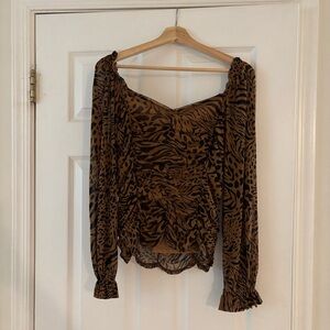 Black and Brown Zebra Smocked Long Sleeve Blouse